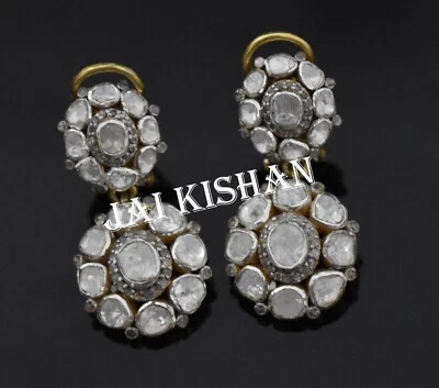 Elegant Natürlich Polki Pflastern Diamant 925 Sterlingsilber Ohrring Victorian - Bild 1 von 4