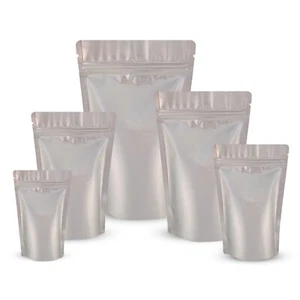 SACCHETTI STAND UP ARGENTO OPACO MYLAR BORSA IN LAMINA SIGILLO TERMICO SIGILLO ALIMENTARE SACCHETTI CON CERNIERA - Foto 1 di 11