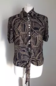 JAEGER Size 12 100% Silk Short Sleeve Button Front Blouse Tie Smart Office - Picture 1 of 10