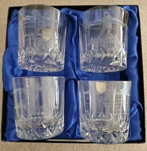 Vintage Edinburgh Kristall Klar Geschliffenes Glas Whisky Gläser Golfer Golf 4 in Box - Bild 1 von 16