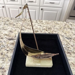 Vintage MCM Mid Century Sailboat Sculpture Brass on Stone Base 4307 - Picture 1 of 7