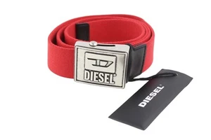 DIESEL B-Metaltape Men Belt 95 CM Mid Red Textile Silver Tone Plate Casual Logo - Picture 1 of 8