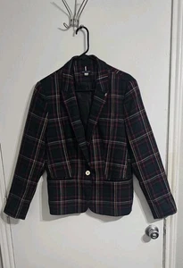 Tommy Hilfiger Blazer Elbow Patch Single Button Green Red Plaid Women’s Size 16 - Picture 1 of 13