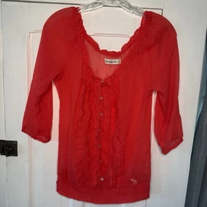 Abercrombie & Fitch Größe M rot Damen transparent Rüschen Knopfleiste Hemd Bluse - Bild 1 von 6
