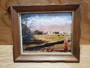 Retro Vintage wooden 12.5" x 10.5" frame cows grazing mountains photo 10" x 8" - Picture 1 of 4