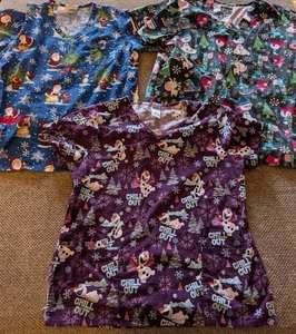 Lot Of Three Christmas Scrub Tops LG/XL - Picture 1 of 10