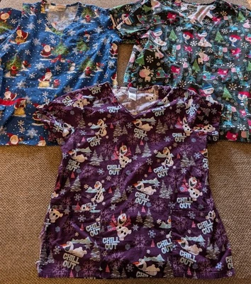 Lot Of Three Christmas Scrub Tops LG/XL - Image 1 of 4