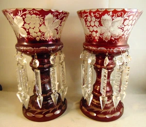 Spectacular 2 Vtg. Bohemian Cranberry Cut to Clear Mantle Lustres 9.75" - Picture 1 of 8