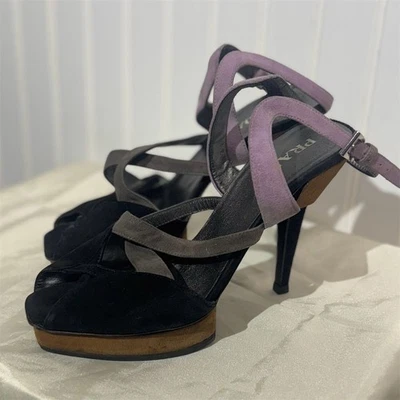 Prada Suede Platform Strappy Sandals Heels Black Gray Purple EU 37 US 7 Italy - Image 1 of 4
