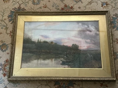 Victorian Or Edwardian Watercolour Figural Sunset Signed Frank Dean Gilt Frame - Image 1 of 4