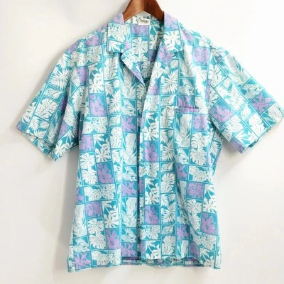 Royal Creations Hawaiian Shirt Large Blue Cotton Tropical Floral Block Print - Image 1 of 4