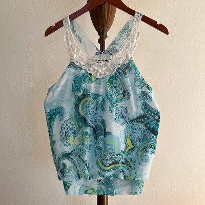 IZ Byer Juniors' Size L Multicolor Paisley Crochet-Trim Sleeveless Halter Top - Image 1 of 4