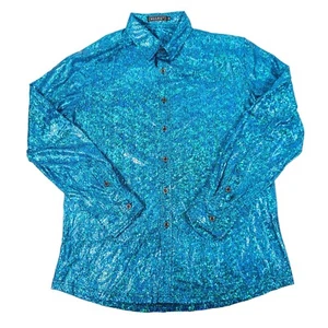Wulful Mens Party Clubbing Long Sleeved Disco Shirt Metallic Blue Button Down - Picture 1 of 12