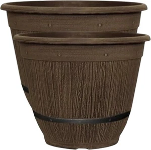 Maceta de jardín con campana de barril marrón rústica 35 cm maceta redonda de exterior con drenaje 17L - Imagen 1 de 18