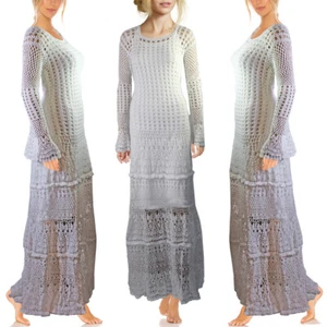 HANDGEHÄKELT Boho Crochet Unikat Stretch Maxikleid Trompetenärmel Gr.42 44 46 L - Bild 1 von 6
