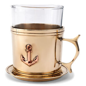 Teeglas mit Untersetzer aus Messing gold massiv 9,5cm hoch maritime Tee Tasse