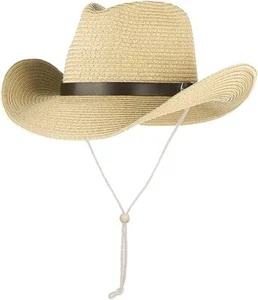 Straw Cowboy Hat for Women Men Classic Western Cowgirl Cap One Size, Beige  - Picture 1 of 6