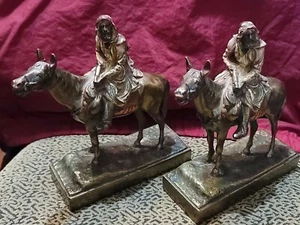 Antique Gold Painted Bronze Polychrome Moorish Arab Horse Rider Bookends - Pair - Picture 1 of 12