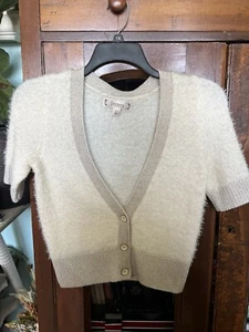 Decree JUNIORS Fuzzy Eyelash Cardigan Sweater - Petite Fit -Cream, Gold Metallic - Picture 1 of 6