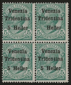 1918 Venezia Tridentina - Quartina 5 heller su 5 c. verde uno senza "5" MH* - Picture 1 of 2