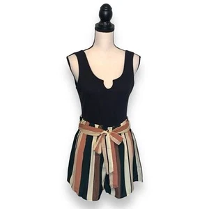 Black Ribbed Tank Top Paper Bag Shorts Romper - Picture 1 of 12