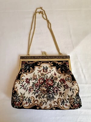 Vintage Tapestry Bag with Floral Design Black and Cream Background Gold Chain - Image 1 of 4