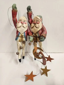 Vtg  Folk Art Santa Ornament Stars Moon House Of Hatten Set (2) - Picture 1 of 6