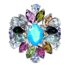 925 Anillo Plata de Ley Ovalado Azul Ópalo 7x5mm Aguamarina Turmalina Gema 9 - Imagen 1 de 14