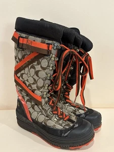 Coach Brown & Orange Lace Up Monogram Logo Insulated Boots Size 8m - Picture 1 of 11