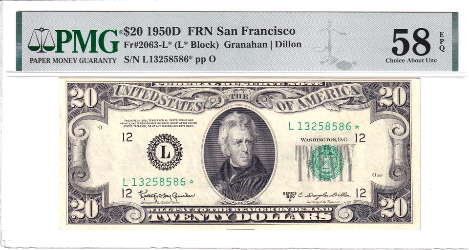 1950-D $20 FRN San Francisco *STAR* PMG Elección AU58EPQ Raro Pop 2/4 #L13258586* Foto 1 de 2