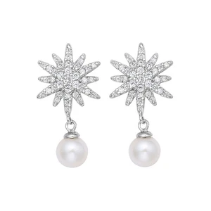 Fei Liu 925 Silver Cubic Zirconia Aster With Pearl Drop Earrings - Picture 1 of 2