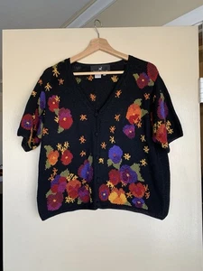 Peruvian Connection 100% Alpaca Cardigan Sweater Top L-XL Black Floral  V-Neck - Picture 1 of 14