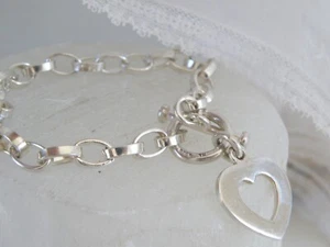 Chunky Sterling Silver 925 Rolo Link Chain Heart Tag Bracelet Fits 8" - Picture 1 of 14