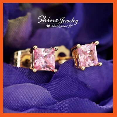 9K ROSE GOLD GF 5MM SQUARE PINK QUARTZ STUD BIRTHDAY BIRTHSTONE GIFT EARRINGS Foto 1 de 4