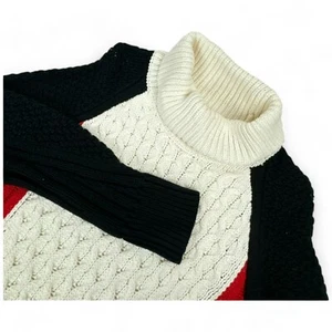 Talbots Women Sweater Medium Cotton Blend White Black Red Cable Knit Turtleneck - Picture 1 of 11