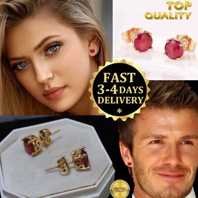 Mens Women Round Diamond Cut Realistic Ruby Crystal Gold Filled Stud earrings UK - Image 1 of 4