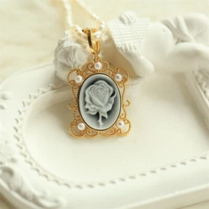 F18 Rose Flower Pearl Agate Black Beads Pendant Silver 925 Plated - Imagen 1 de 1