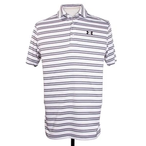 Under Armour Heat Gear Mens S White Gray Stripe Golf Polo Shirt - Picture 1 of 9