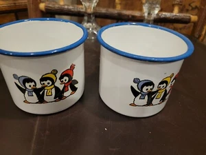 3 penguins White Blue Rustic Farmhouse Coffee Mug Enamel Christmas Decor - Picture 1 of 5
