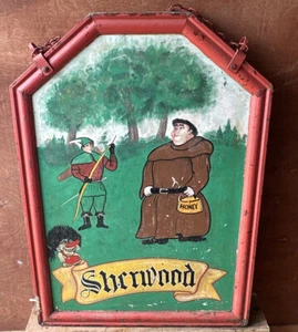 Vintage Original Hand Painted Village sherwood friar tuck pub Sign Double Sided - Foto 1 di 24