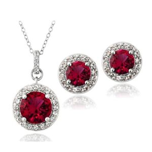 925 Silver 5.25ct Lab Created Ruby & Sapphire Earrings & Necklace Set