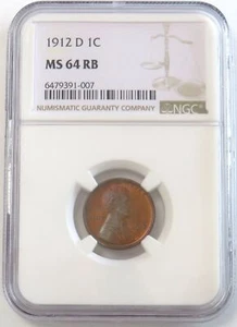 1912 D LINCOLN WHEAT CENT 1C PCGS MINT STATE 64 RB - Picture 1 of 4