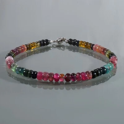 Natural Multi Tourmaline 5mm Rondell Beads Handmade 925 Silver Unisex Bracelet - Image 1 of 4
