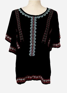 Top Boho Gibson Latimer taglia L nero con ricami colorati sul davanti maniche con volant - Foto 1 di 10