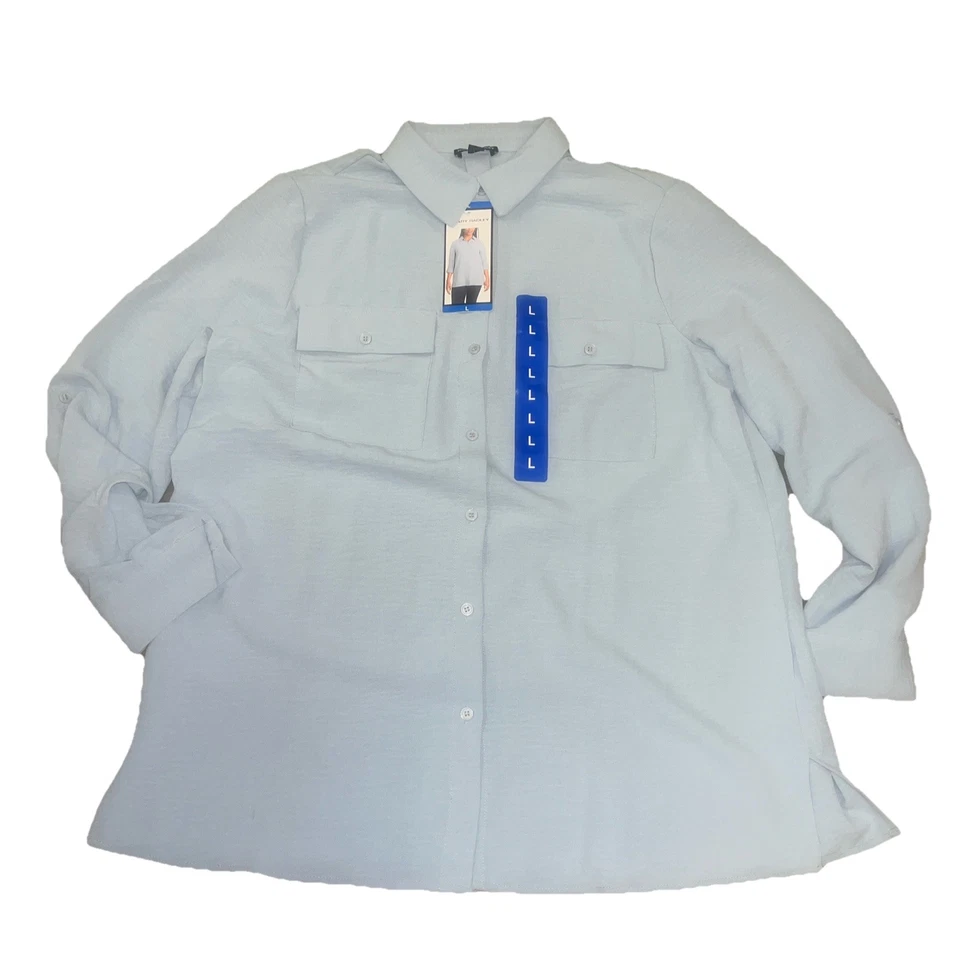 Hilary Radley Women's Roll Tab Sleeve Button Down Crinkle Blouse Lt Blue XXL