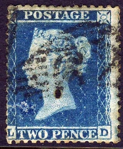 GB QV 1855 2d Blue Plate 5 LD Die I Alph II Wmk LD Perf 14 SG 34 Spec F6 [1] VFU - Bild 1 von 2