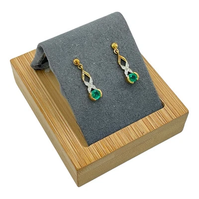 9ct 9K Yellow Gold Created Green Emerald + Diamond Drop Dangle Stud Earrings New - Image 1 of 4