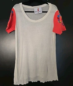 Top tunica Boho Jane L grande corallo ricamato floreale blocco colore rayon USA - Foto 1 di 10