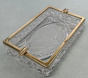 Crystal Clear Cut Cigarette Ashtray Rectangle Rectangular Gold Trim Tobacciana - Picture 1 of 6