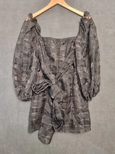 Talulah Black Sheer Check Puff Sleeve Tie Waist Blouse - Size S - Picture 1 of 8